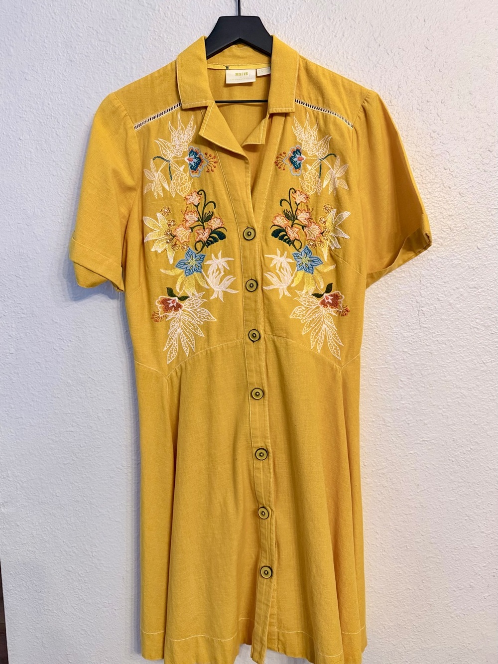 Mauve Yellow Embroidered Button-Front Midi Dress